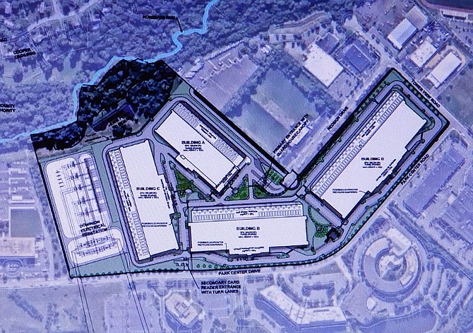 Site plan showing the four proposed buildings and electrical substation (at far left).