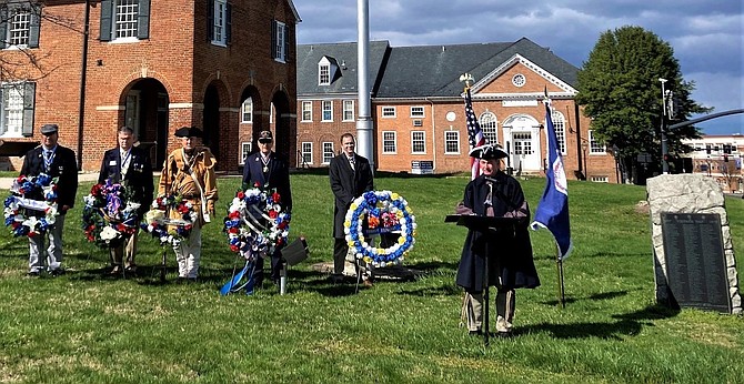Standing by their chapter wreaths are (from left) Ross Schwalm, president, Colonel William Grayson Chapter; Frederick Barth, president of the George Mason Chapter; Barry Schwoerer, Sergeant Major John Champe II Chapter; Mike Weyler, Governor Virginia Order of the Founders and Patriots of America; David Huxsoll, president, Fairfax Resolves Chapter; and W. Forrest Crain, master of ceremonies.  Photo Courtesy of W. Forrest Crain