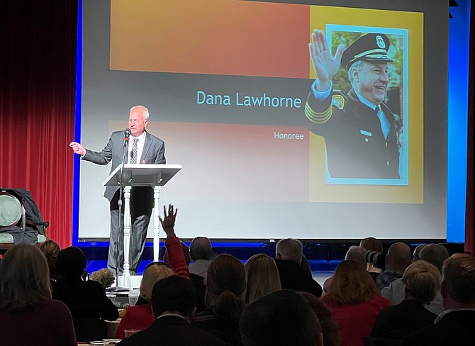 Former Sheriff Dana Lawhorne addresses the crowd at a retirement luncheon in his honor April 5 at First Baptist Church of Alexandria.