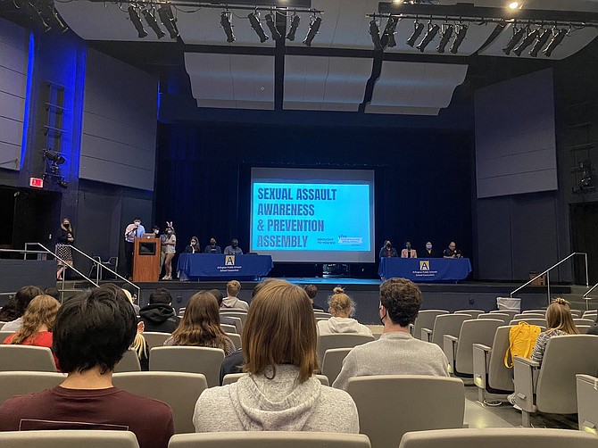 Yorktown High School students attend a panel discussion on sexual assault awareness and prevention on April 25 during third period. Keri Thomas, Doorways Deputy Director of Programs and Clinical Services, participated in the program.