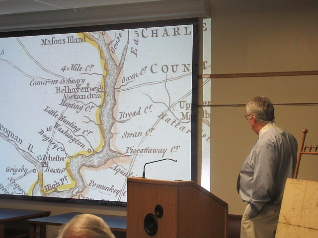 Green discussed a 1753 map of Virginia by Joshua Fry and Peter Jefferson, Thomas Jefferson’s father.  It shows the Potomac River north of today’s Prince William County to today’s Theodore Roosevelt Island (Mason’s Island) and Maryland creeks.