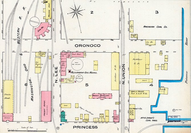 This 1885 insurance map shows the Alexandria Gas Works was located at the southeast corner of Oronoco Street and North Lee Street.
