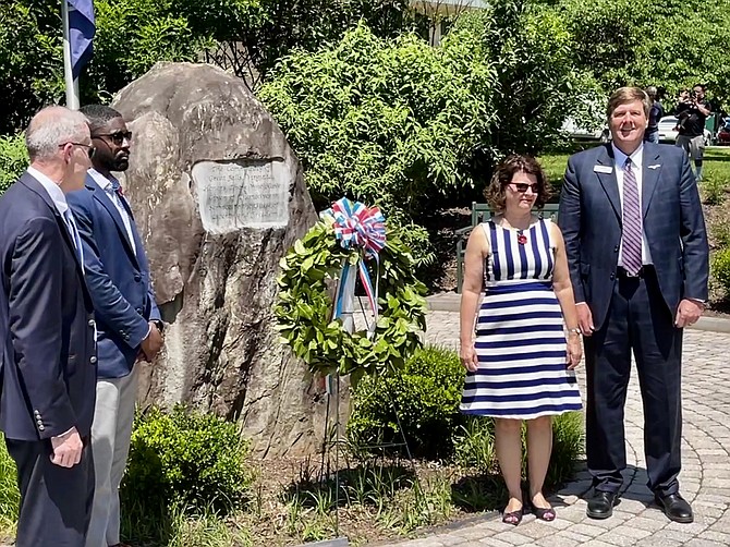 Laying of the Wreath by BSA Troop 55 (from left) LTG (R) David H. Huntoon Jr.; Marlon Dubuisson, District Director for Rep. Gerry Connolly (D-11); Sen. Barbara Favola (D-31); and James ("Jim") Myles, Republican nominee for Virginia's 11th Congressional District