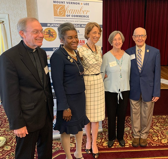 Father Tom Ferguson, Good Shepherd Catholic Church; Lt. Governor Winsome Earle-Sears; Alison Ross Tompkins, Chamber Chairman; GEN RT Robert Jorgensen, Army Retirement Residence Foundation – Potomac; Dorothy Jorgensen.