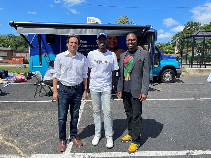 During the Juneteenth weekend, United Way of the National Capital Area (United Way NCA) and Neighborhood Health hosted a free COVID-19 vaccination and testing event at the Macedonia Baptist Church. From left: Dr. Basim Khan, Executive Director, Neighborhood Health; Ian Gordon, Vice President, Community Impact & Engagement, United Way NCA; and Pastor Harcum, Macedonia Baptist Church