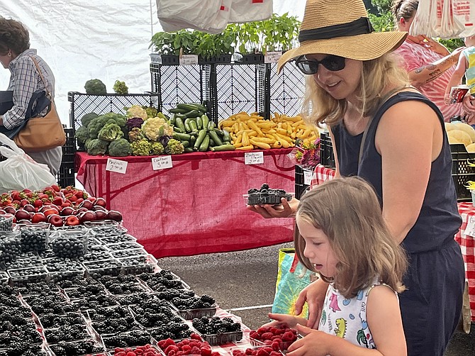 Juliette, 5, helps her mom, Samantha pick out the berries at the McLean Farmers Market