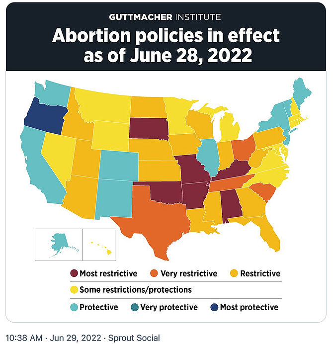 Abortion policies and access in the U.S. as of June 28, 2022, @Guttmacher