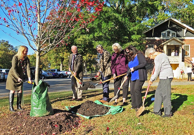 Tree-planting ceremony (from left) Brooke Sabin, Rentsch's daughter; Bill Canis, president of the Great Falls Citizens Association; Supervisor John Foust (D); Stella Koch, Rentsch's former fellow co-chair of the GFCA environment committee; Jackie Taylor, former GFCA president; and Eleanor Anderson, member of GFCA