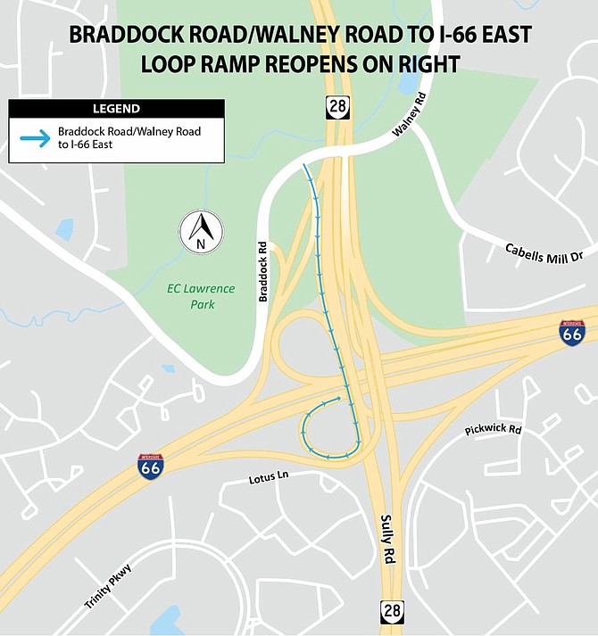 Map showing how drivers coming from Braddock and Walney roads will access the I-66 loop ramp.