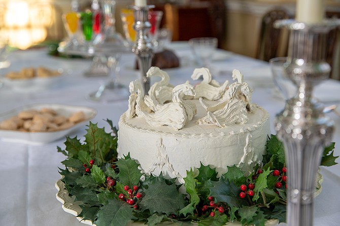 Holiday table in the New Room: Twelfth Night cake topped with molded sugar swans.
Photos courtesy Mount Vernon Ladies’ Association