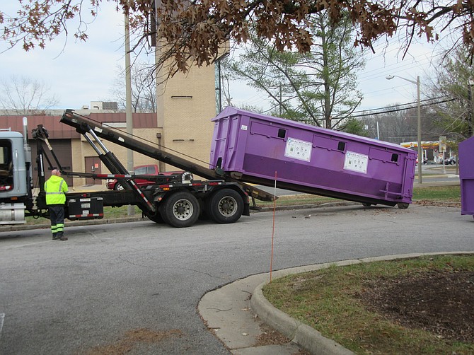 A new purple bin arrives at the Mount Vernon Government Center