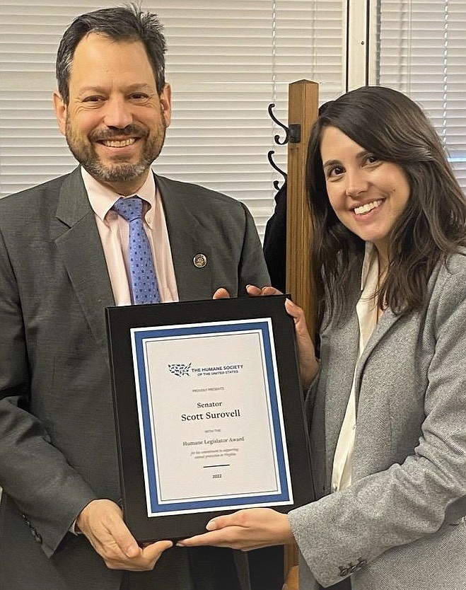 State Senator Scott Surovell receives Humane Legislator of the Year Award presented by Humane Society of the United States, State Director Molly Armus