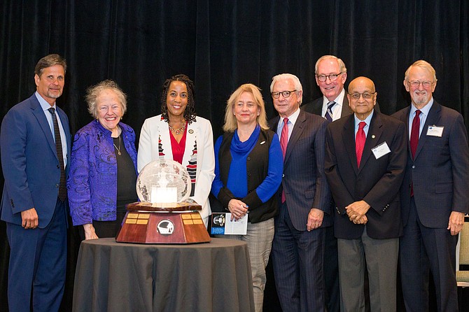 From left, Charles V. Stipancic Jr., Chair, Washington Airports Task Force; Penelope Gross, Vice Chair, Fairfax County Board of Supervisors; Phyllis Randall, Chair, Loudoun County Board of Supervisors; Sheila Olem, Mayor, Town of Herndon; William Sudow, Chair, Metropolitan Washington Airports Authority Board of Directors; Keith Meurlin, President and CEO, Washington Airports Task Force; Shiva Pant, Chief, Special Projects Management & Oversight, Washington Metropolitan Area Transit Authority; and John Milliken, Chair, Williams Trophy Selection Committee