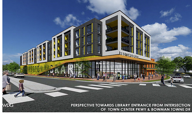 A rendering of developer Foulger-Pratt’s now defunct proposal for a new Reston Library with affordable units built on top.