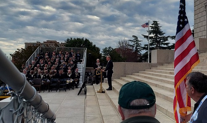 Former Virginia Governor Jim Gilmore addresses the crowd as the keynote speaker at the 100th anniversary of the laying of the cornerstone at the George Washington Masonic National Memorial Feb. 20.