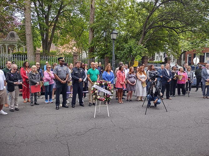 Mayor Justin Wilson and members of City Council are joined by other elected and city officials April 23 at the wreath laying ceremony in remembrance of Thomas McCoy, who was lynched in Alexandria on April 23, 1897, near City Hall.