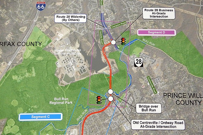 The orange line shows where the bypass goes through Bull Run Regional Park. The stoplight at the top depicts where it will join Route 28 in Centreville.