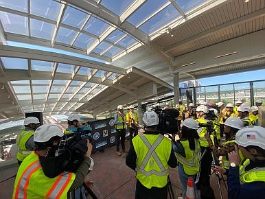 Mayor Justin Wilson tours the Potomac Yard Metro Station April 19 prior to announcing that the new station will open May 19 following years of delays.