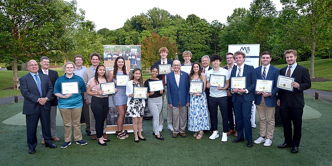 From left, Don Cammarata, Covanta Fairfax; Mike Murphy, Mount Vernon Knights of Columbus; Laura Ridgeway, Thomas Jefferson High School; Travis Clarke, Burke & Herbert Bank; Scott Stroh III, Gunston Hall; Nicole Trejo, John Lewis High School; Julia Hopper, West Potomac High School; Bianca Blancaflor, Lake Braddock High School; Jada-Ane Larkin, Hayfield High School; Mike Meares, West Potomac High School; General Robert Jorgensen, The Fairfax; Maxwell Riggs, Hayfield Secondary School; Lauren Cremer, Bishop Ireton High School; George Ksenics, Andrews FCU; Steven Liu, Annandale High School; Alex Thalacker, Fairfax County EDA; Jackson Brown, Edison High School; Adam Peverill, Mount Vernon High School; John Hood, Mount Vernon High School.