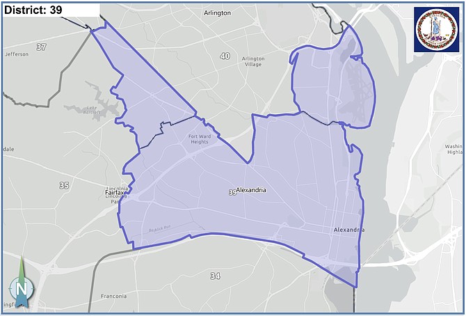The newly drawn Senate District 39 includes all of Alexandria as well as National Airport and Bailey's Crossroads.