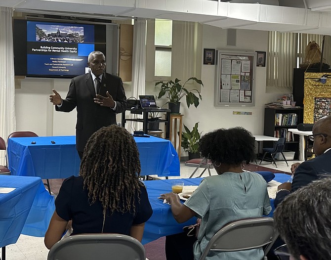 Col. James Paige (ret.) welcomes guests to the Concerned Citizens Network of Alexandria Mental Health Workshop June 29 at Saint Joseph’s Catholic Church.