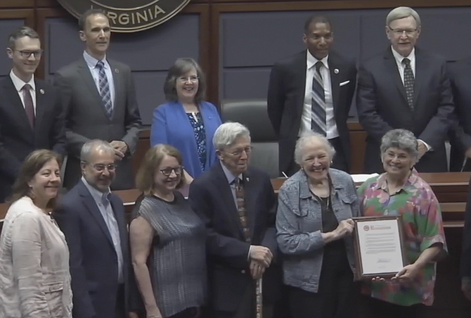 Fairfax County Arts Committee Chair, Leila Gordon, accepts the resolution from Vice-chair Penny Gross (D-Mason)