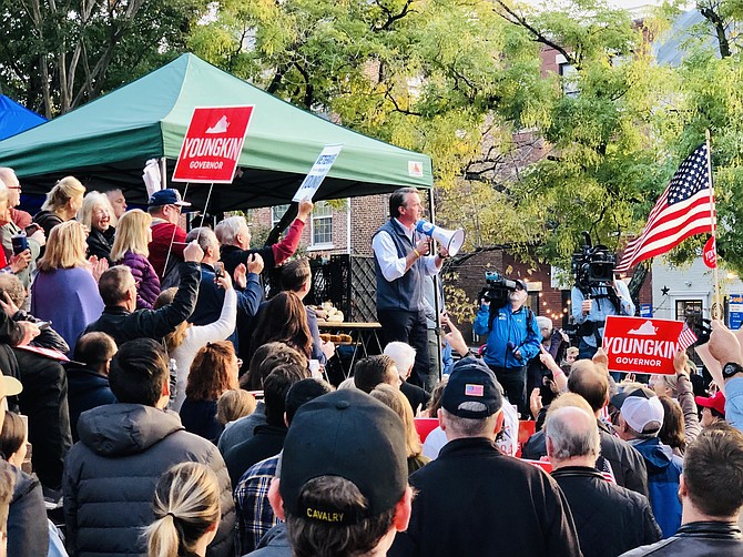 Then-candidate Glenn Youngkin campaigns in Market Square days before he was elected governor of Virginia.