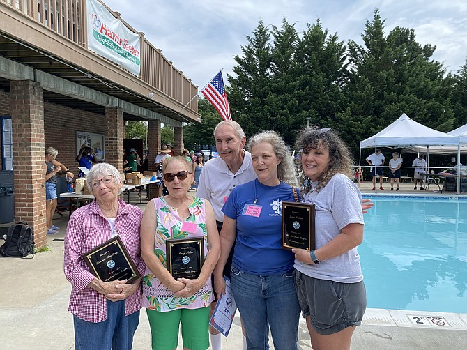 Herndon Swim League Founders, from left, Bonnie Bunting, Mary Sides, Bill Liedtke, Rose Keelor and Becca Kuhns, daughters of Jean Kuhns.
