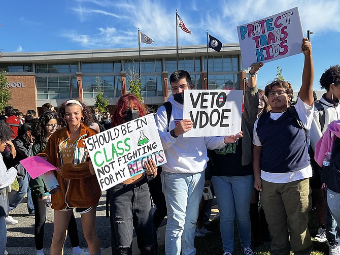 Students at Herndon High School and others protest the Youngkin administration’s revised ‘Model Policies’ on trans students.