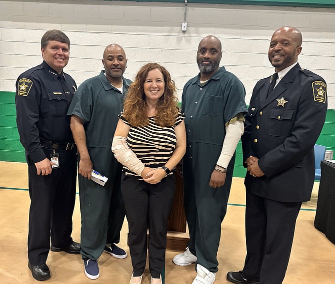 Sheriff Sean Casey, left, is joined by Wayne Ward, Councilwoman Sarah Bagley, Bobbie Smith and Deputy Sheriff Todd Stubblefield at the Alexandria Sheriff’s Office Incentive Luncheon Aug. 24 at the William G. Truesdale Adult Detention Center.