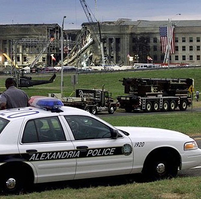 A City of Alexandria police cruiser is stationed at the Pentagon as local first responders provide support in the aftermath of the terrorist attacks of September 11, 2001.