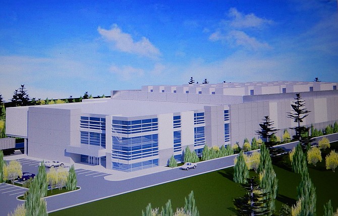 Artist’s rendition of the proposed data center in Chantilly. For scale, see white car on left in comparison to the building’s height.