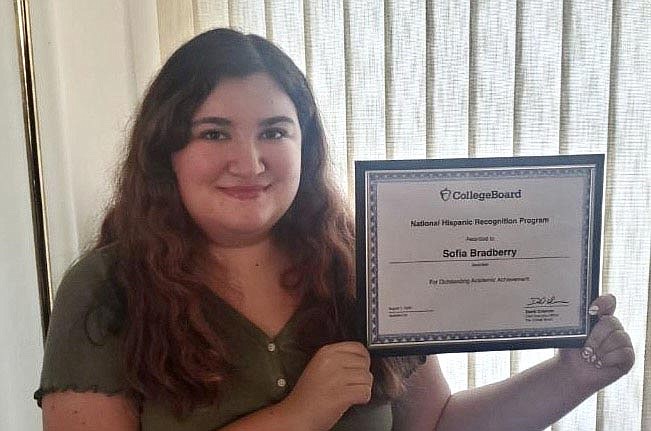 Sofia Bradberry with her certificate of recognition from The College Board