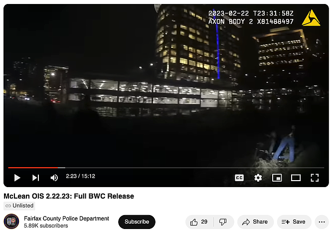 Screenshot image via FCPD video

Image from dimly lit body worn camera footage released by Fairfax County Police Department. Police shot and killed Timothy Johnson on Feb. 22, 2023, outside Tysons Corner Center mall after chasing him on foot.
