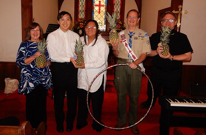 Holding their “coveted pineapple awards” are (from left) Kathy Smith, Ryan Kwon, Sol Jun, Eric McDonnell and Kevin Laskowski.