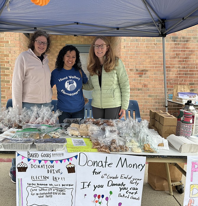 This year, moms Sarah Koeppel, Cynthia Yossef, and Katherine Kopeland, take their part in a 35-year tradition of offering an election day bake sale at the Hunt Valley School precinct to support a 6th grade class end of school party.