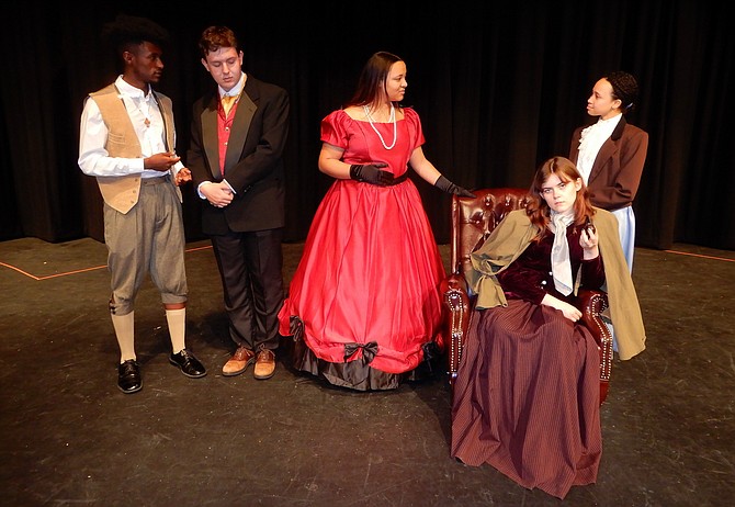 Rehearsing in costume are (from left) Yishak Kelkay, Thomas Craypoff, Mackenzie Vance, Zoe Brennan and Gwendolyn Eagle.