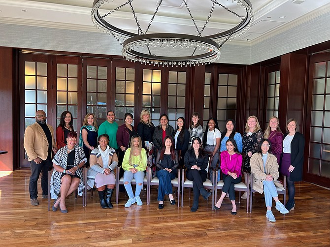 2023-2024 Scholarship Recipients, Scholarship Fund Board and GMU Program Administrators Seated: Kenise Lewis, Helen Ezinne Agbapuruonwu, Fatmata Bah, Alexandra Diaz Franco, Ashley Suyo, Zara Karim, Connie Lam. Standing: Khaseem Davis, Sumaira Malik, Connie Colabatistto, Chenelle Thompson, Muge Yalcin,  Suzanne Charleston, Sumita Chopra, Gisela Reyes, Lauryn Nashi, Crystal Forson, Hilary Moya, Jenny Stephens, Lindsay Harper, Kaitlin Cicchetti