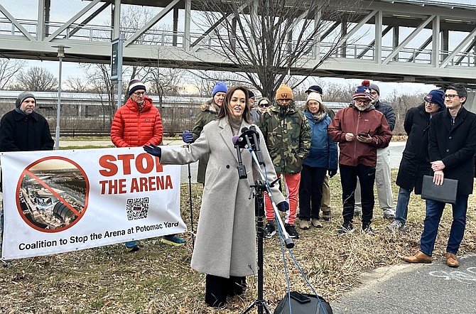 Shannon Curtis of the Coalition to Stop the Arena speaks at a rally at the site of the proposed Monumental Sports and Entertainment complex Jan. 4 in Potomac Yard.