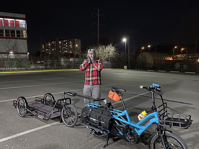 One of the trail volunteers is heading out with “Vern the Tern GSD and Carla Cargo bike trailer,” which is the “18-wheeler,” of the bike world.