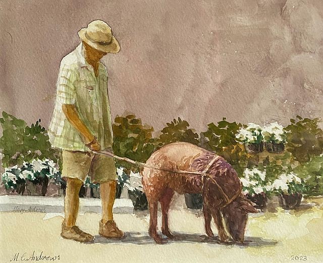 Mary Andrews’ painting of Cary Nalls walking one of the pigs.