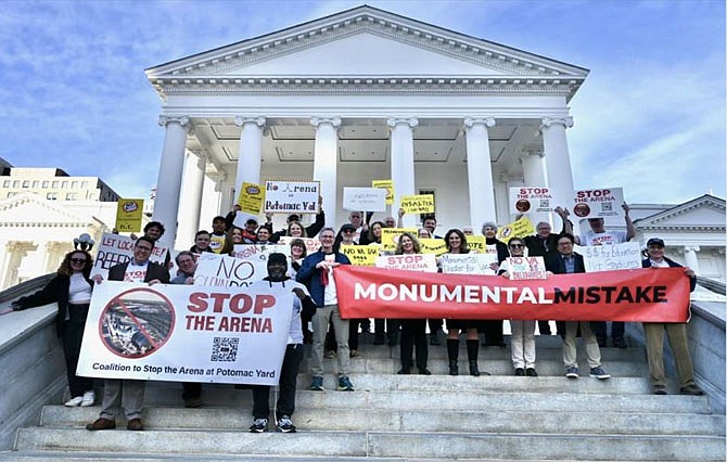 Members of the Coalition to Stop the Arena at Potomac Yard gather on the steps of the Richmond capitol Feb. 8 to protest the proposal to build an entertainment complex at Potomac Yard.
