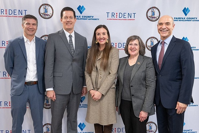 From left are Trident Systems President Dan Hibbard, Trident Systems General Manager Lorin Hattrup, Virginia Deputy Secretary of Commerce and Trade Chelsea Jenkins, Supervisor Kathy Smith (D-Sully) and Fairfax County Economic Development Authority President and CEO Victor Hoskins.