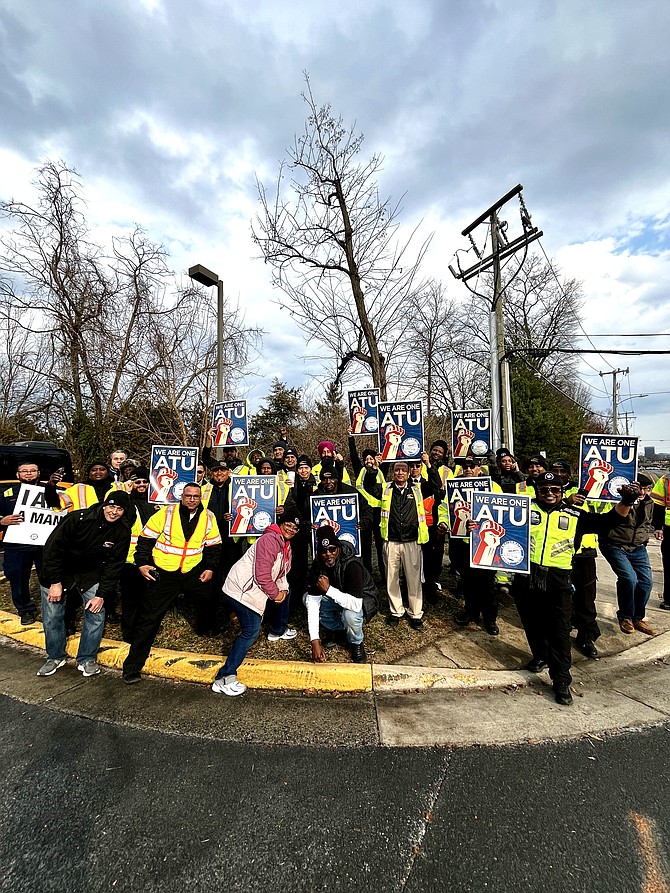 Bus drivers and mechanics from Amalgamated Transit Union (ATU) Local 689, representing the 683 bus operators and mechanics for the Fairfax Connector, hold the picket line at the Fairfax County Herndon Garage at 268 Spring St., Herndon, one of three county garages.