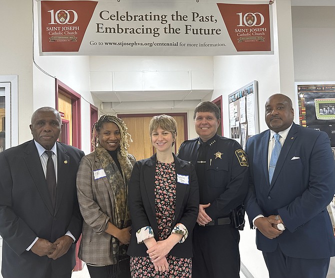 Col. James Paige, Ebony Fleming, Natalie Talis, Sheriff Sean Casey and Rawle Andrews Jr. at the Community Stakeholders breakfast Feb. 13 at St. Joseph’s Catholic Church.