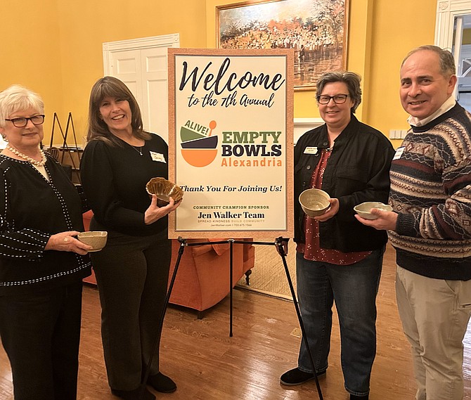 ALIVE! executive director Jenn Ayers, second from right, with Suzanne Kratzok, Kate Garvey and George Valenzuela at the 7th annual Empty Bowls fundraiser March 1 at Virginia Theological Seminary.
