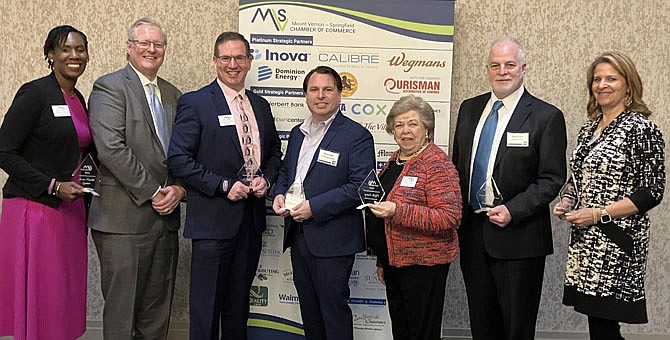 Recognized with THE BEST Business Awards for 2024 were (from left): Roberta Tinch, Inova Health System; Eric Christensen, Chairman of the Mount Vernon Springfield Chamber of Commerce; Michael Drobnis, OptfinITy; Brian Harte, E-1 Asset Management; Phyllis Sintay, McEnearney Associates; Bryant Rice, United Community; Felicea Meyer-Deloatch, The Growth and Health Hub.