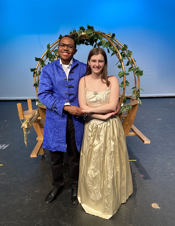 Andre Jones and Madelyn Regan as the Prince and Cinderella. The curtain rises Friday, April 12, at 7 p.m.; Saturday, April 13, at 2 and 7 p.m. (the Cappies performance); and Sunday, April 14, at 2 p.m.