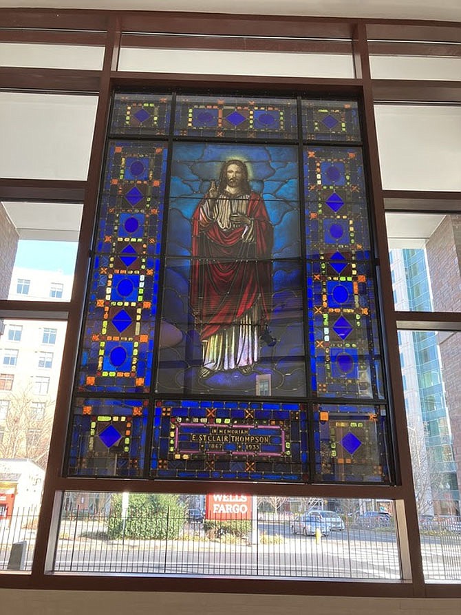 Louis Comfort Tiffany stained-glass window, Christ in Blessing, was previously in the Abbey Mausoleum in Arlington.