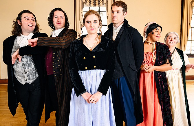 Michael Kelley (as Lord Dennington), Sam Beeson (as Lord Walcott), Rose Hahn (as Miss Coventry) Michael Hammond (as Mr. Mullens), Victoria Jungck (as Lady Eleanor), and Mattie Cohan (as Lady Agnes), by Heather Regan Photography
